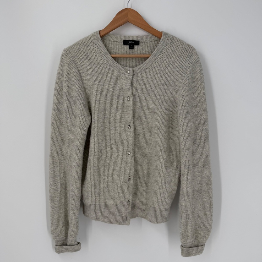J.Crew Gray Ribbed Merino Wool Alpaca Crystal Button Cardigan Womens Medium